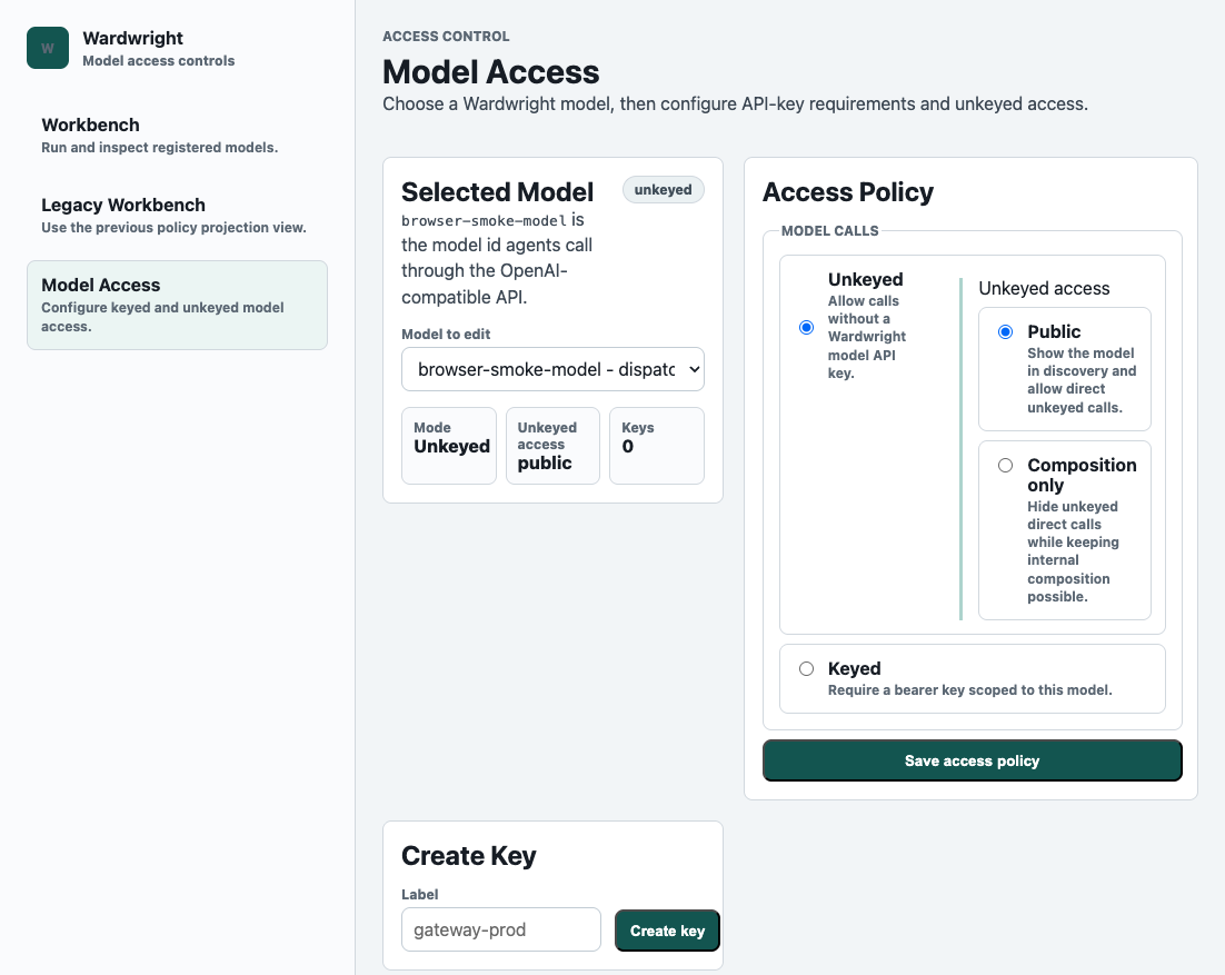 Wardwright model access page showing keyed and unkeyed access controls for a selected model